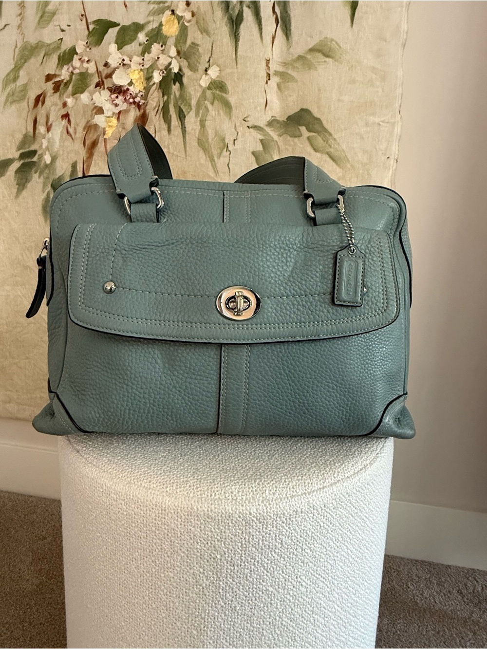 Coach Pebbled Leather Turnlock Shoulder Bag in Teal Blue